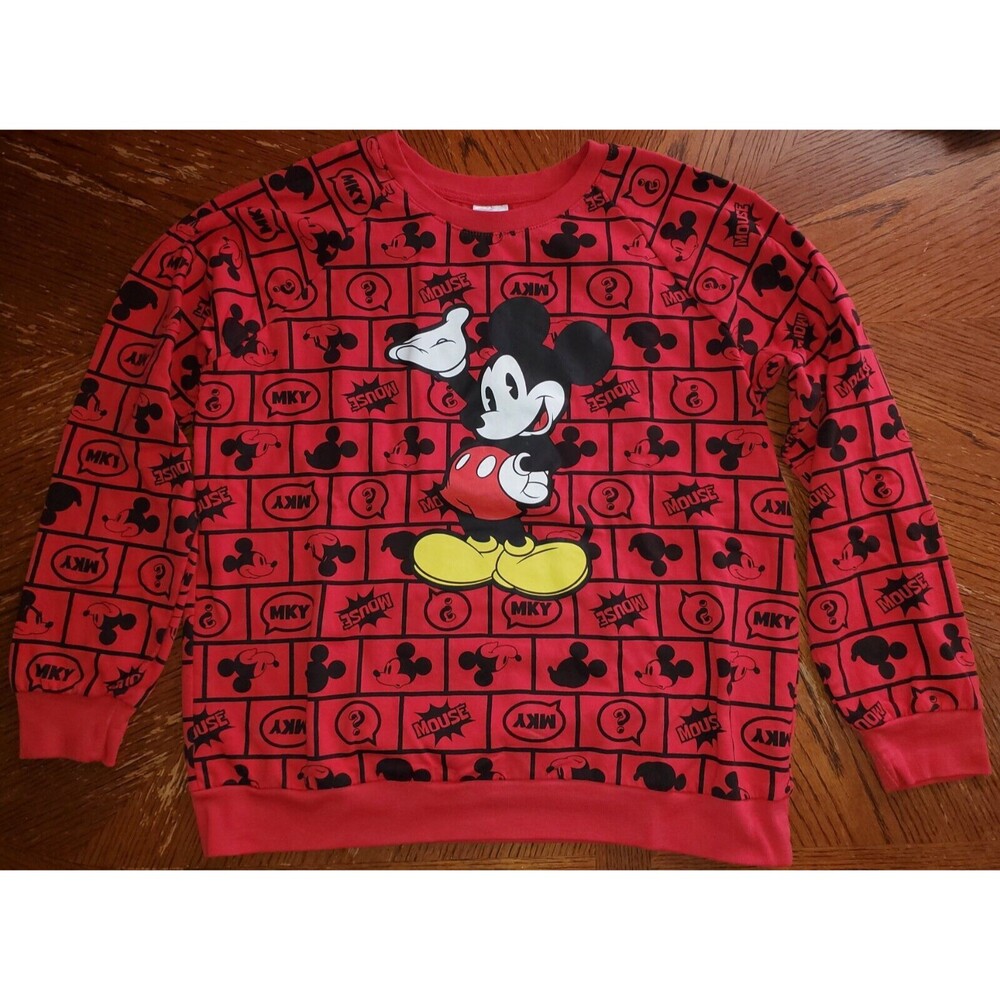 Disney Sweater Womens Junior L 11/13 Red Mickey Mouse All Over Print Sweatshirt - Picture 1 of 5